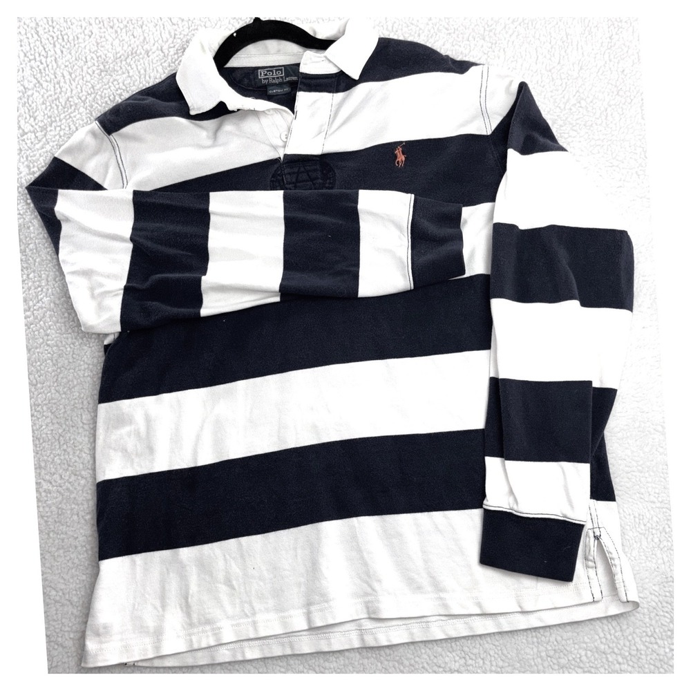 Polo Ralph Lauren Mens Custom Fit Striped Rugby Shirt Navy White Large